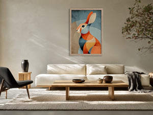 Framed geometric hare artwork above a white sofa and wooden coffee table.