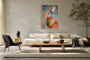 Framed geometric hare artwork above a white sofa and wooden coffee table.