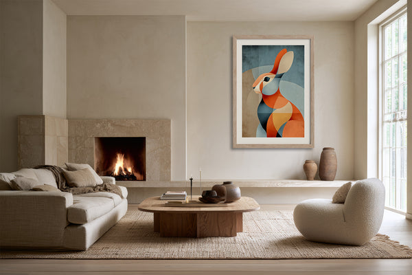 Framed geometric hare artwork in a living area with fireplace, sofa, and round chair.