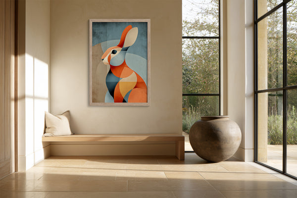 Framed geometric hare artwork above a built-in bench beside large black-framed windows.