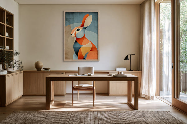 Framed geometric hare artwork above a wooden desk in a light-filled workspace.