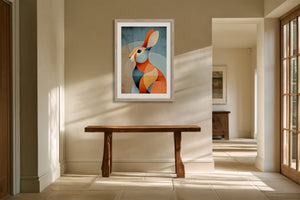 Framed geometric hare artwork above a rustic wooden console in a sunlit hall.