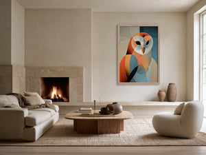 Framed geometric owl artwork above a fireplace in a neutral living area with sofa and round chair.
