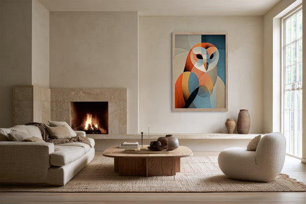 Framed geometric owl artwork above a fireplace in a neutral living area with sofa and round chair.