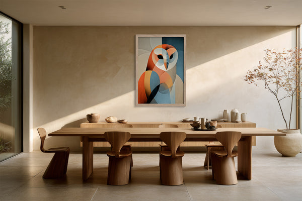 Framed geometric owl artwork above a long wooden dining table with sculptural chairs.
