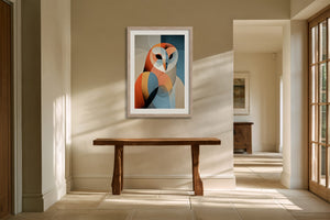 Framed geometric owl artwork above a rustic wooden console table in a sunlit hallway.