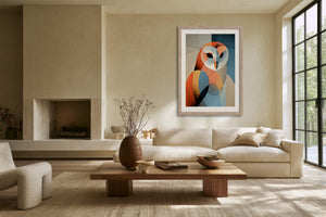 Framed geometric owl artwork above a cream sofa and low coffee table near tall windows.