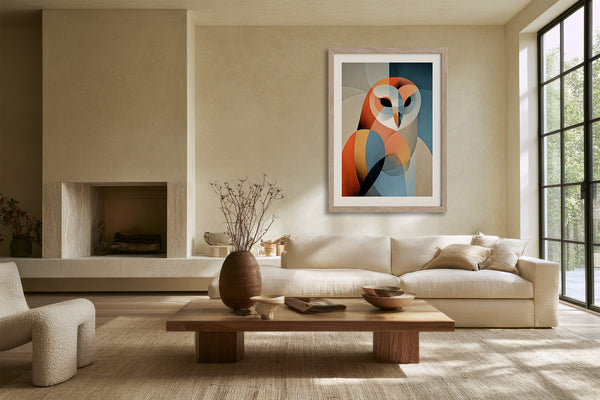 Framed geometric owl artwork above a cream sofa and low coffee table near tall windows.