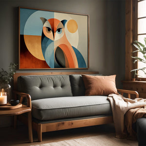 Geometric owl artwork in a slim wood frame above a gray sofa beside a sunlit window.
