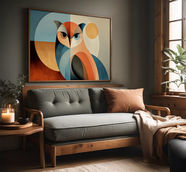 Geometric owl artwork in a slim wood frame above a gray sofa beside a sunlit window.