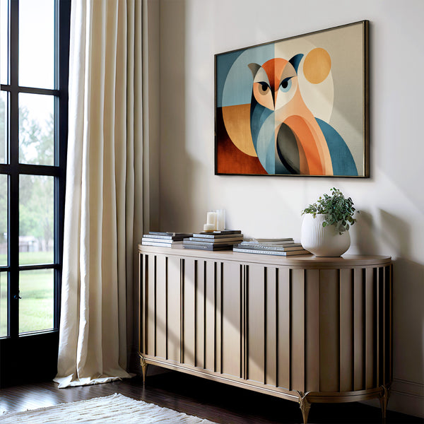 Geometric owl wall art in a dark wood frame above a ribbed console with books and a potted plant.