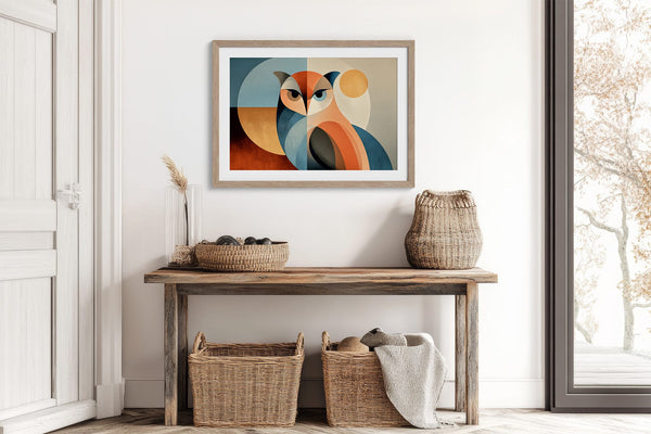 Geometric owl print in a light wood frame above a rustic console table with woven baskets.