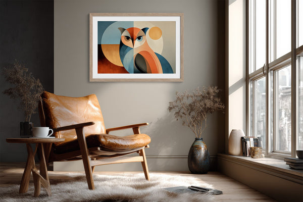 Geometric owl print in a light wood frame above a leather lounge chair beside large windows.