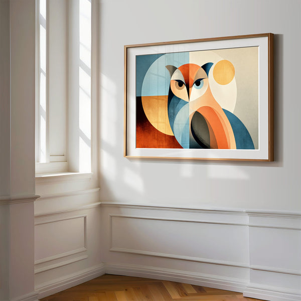 Close view of geometric owl artwork with white mat and wood frame on a paneled wall.