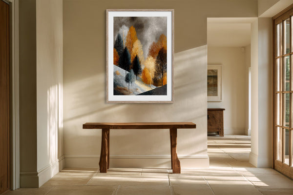 Framed winter tree artwork above a rustic wooden bench in a bright hallway.