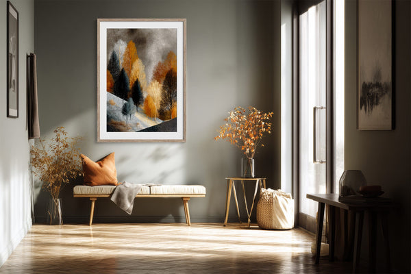Framed winter tree artwork above a bench with an orange cushion in a sunlit corridor.