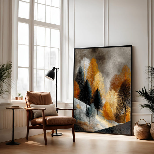 Large black-framed winter tree artwork leaning beside an armchair and floor lamp.