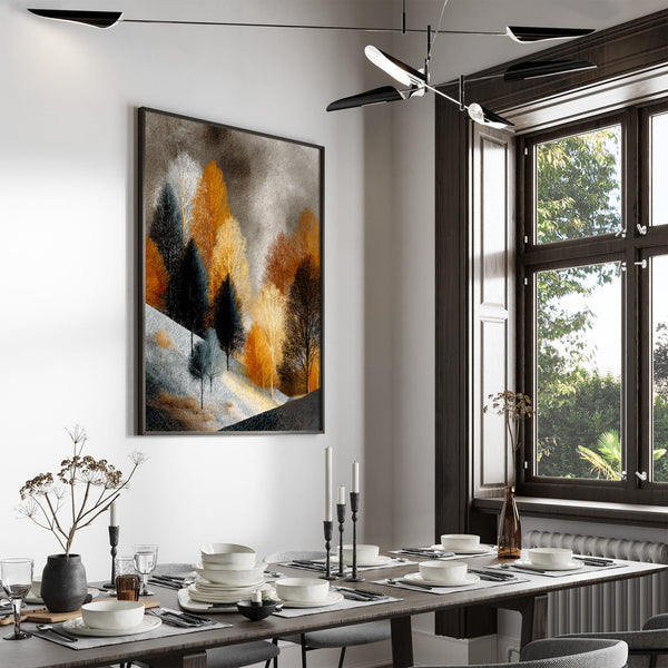 Large dark-framed winter tree artwork displayed above a formally set dining table.