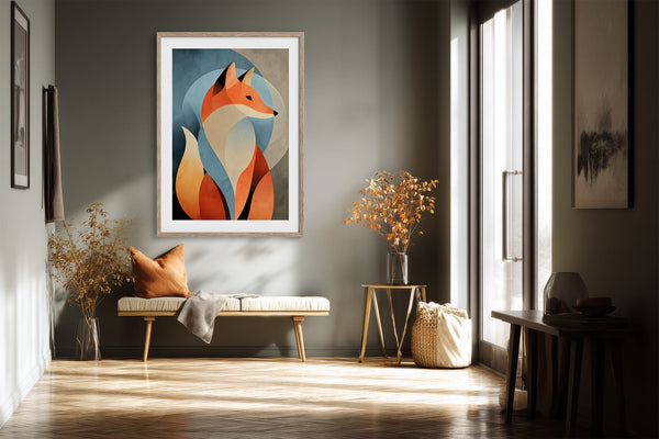 Light wood-framed geometric orange fox print above a bench in a sunlit hallway.