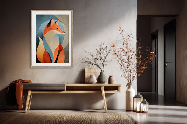 Framed orange and teal geometric fox print above a wooden bench with pottery and branches.