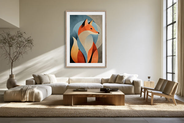Light wood-framed geometric fox artwork above a cream sectional sofa and wooden coffee table.