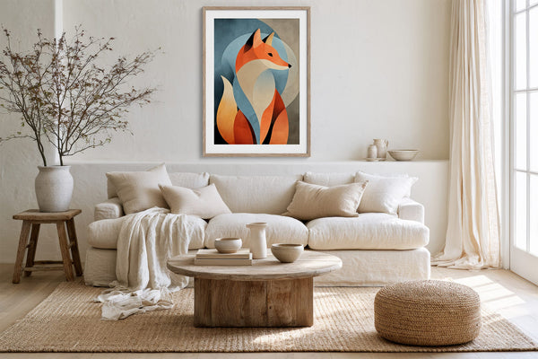 Framed geometric orange fox print above a white sofa, round wood table, and woven ottoman.
