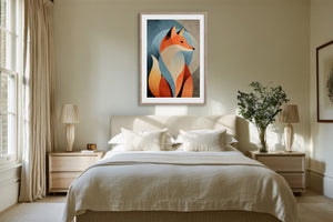 Light wood-framed geometric fox print centered above a bed with white bedding.