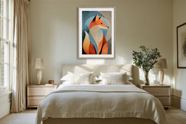 Light wood-framed geometric fox print centered above a bed with white bedding.
