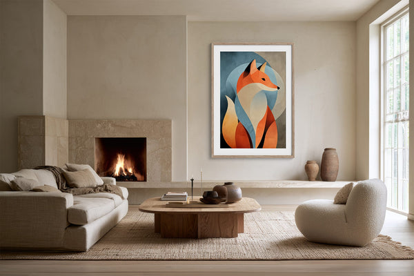 Framed orange fox geometric artwork displayed above a fireplace in a neutral living area.