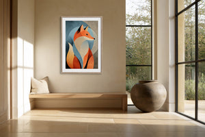 Light wood-framed geometric fox print above a built-in bench beside tall windows.