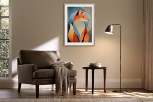 Framed geometric fox wall art above a dark armchair, side table, and floor lamp.