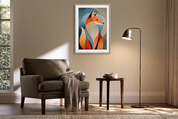 Framed geometric fox wall art above a dark armchair, side table, and floor lamp.
