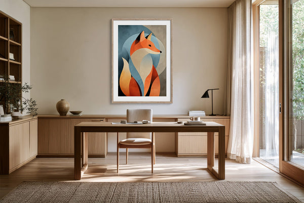 Light wood-framed orange fox print above a wooden desk in a bright workspace.