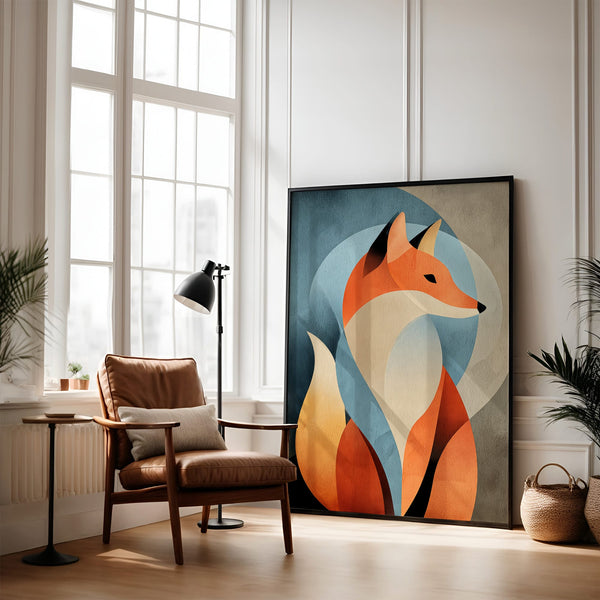 Large black-framed geometric fox artwork leaning beside a leather armchair and floor lamp.