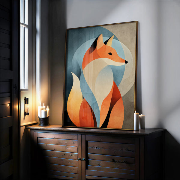 Large thin-framed geometric fox artwork leaning on a dark wooden cabinet beside candles.