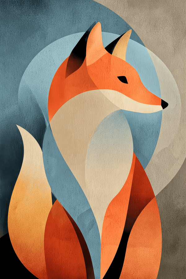 Stylised orange fox formed from geometric shapes in teal, cream and black.