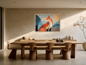 Light wood-framed geometric orange fox artwork above a long wooden dining table and sculptural chairs.