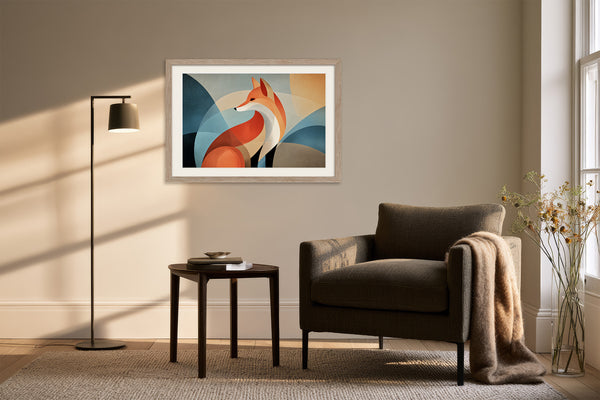 Light wood-framed geometric fox artwork above an armchair, side table, and black floor lamp.