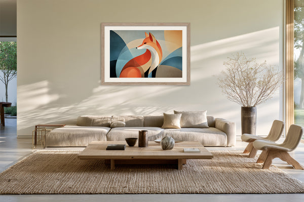 Light wood-framed orange fox artwork above a cream sectional sofa and low wooden coffee table.