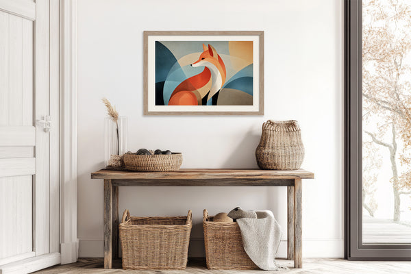 Light wood-framed orange fox artwork above a rustic console table with woven baskets and vessels.