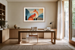 Light wood-framed geometric fox artwork above a wooden desk beside tall glass doors.