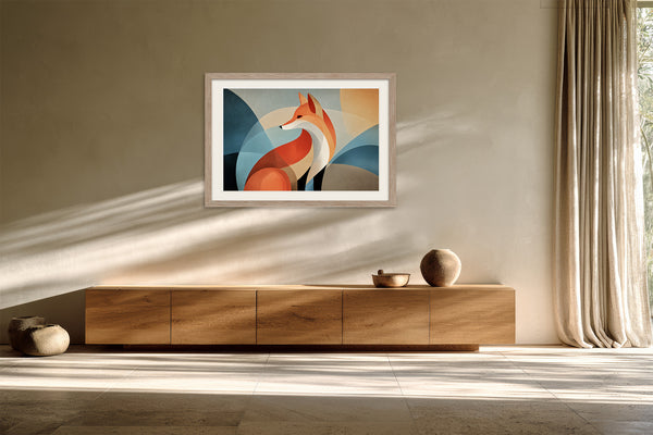 Light wood-framed geometric fox artwork hanging above a low wooden cabinet in a sunlit space.