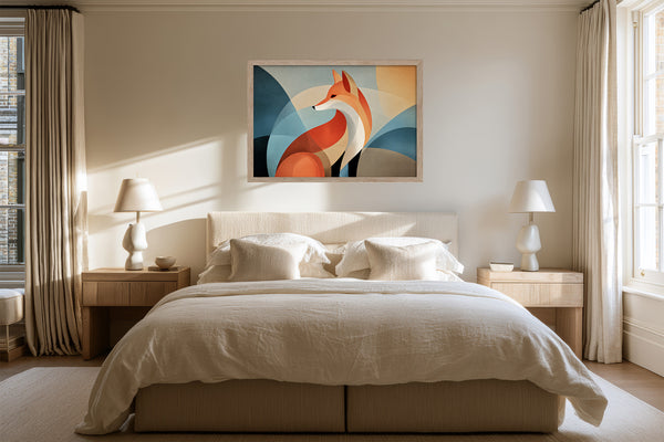 Light wood-framed orange fox artwork centered above a bed with matching bedside tables and lamps.