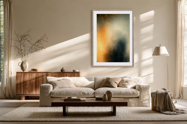 Copper Veil abstract wall art in a light wood frame above a cream sofa and wood sideboard.