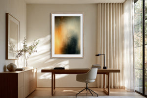 Framed Copper Veil abstract artwork displayed above a wooden desk beside tall curtained windows.