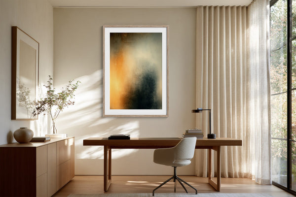 Framed Copper Veil abstract artwork displayed above a wooden desk beside tall curtained windows.