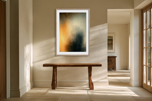 Copper Veil in a pale wood frame hangs above a rustic console table in a sunlit hallway.