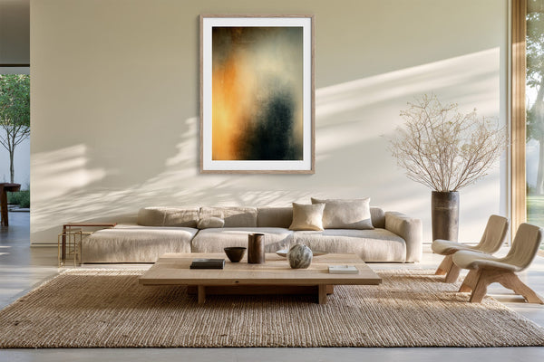 Copper Veil in a pale wood frame above a cream sectional and low wooden coffee table.