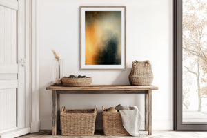 Copper Veil in a natural wood frame above a rustic console with woven baskets.