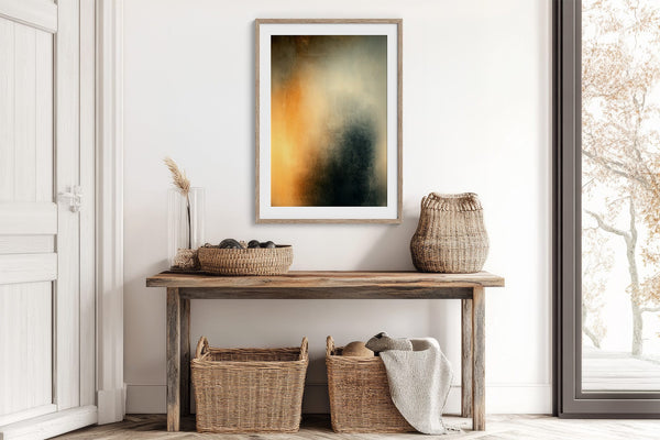 Copper Veil in a natural wood frame above a rustic console with woven baskets.